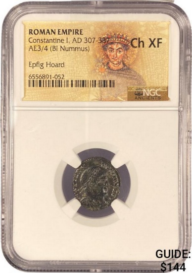 Roman Constantine I, AD 307-337 AE3/4 BI Nummus NGC Ch XF