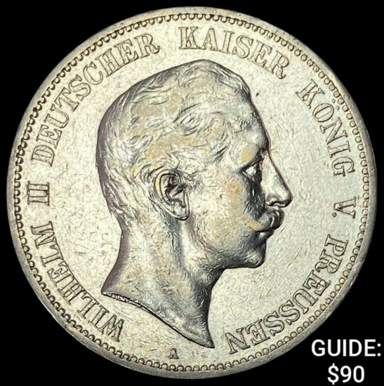 1902-A Prussia Silver 5 Mark CLOSELY UNCIRCULATED