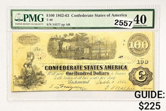 1862-63 $100 Confed. States of America Note PMG 40 EF