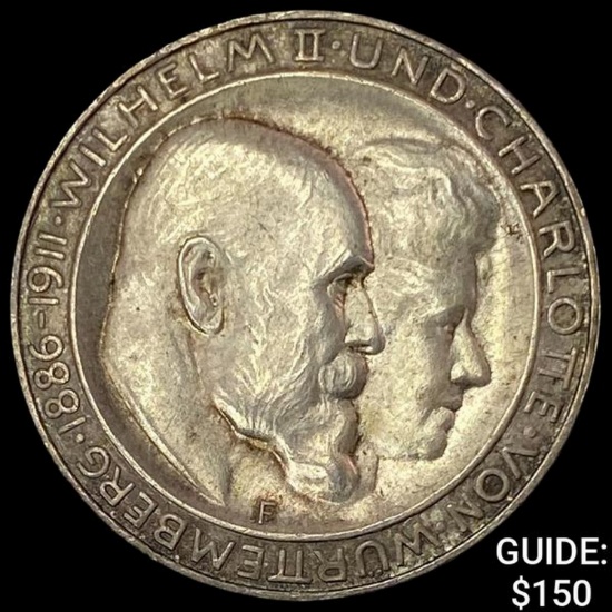 1911-F Wurttemberg Silver 3 Mark UNCIRCULATED