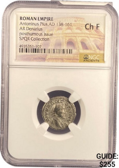Roman Anton. Plus, AD 138-161 Silver Denarius NGC Ch F