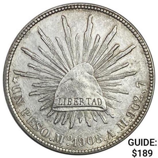 1908Mo AM Mexico Silver Peso CHOICE AU