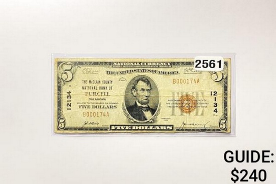 1929 $5 National Bank Note-Purcell, OK