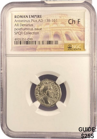 Roman Anton. Plus, AD 138-161 Silver Denarius NGC Ch F