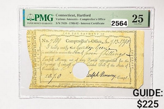 1789-92 Vari. Amounts Interest Certificate- CT PMG 25 FV