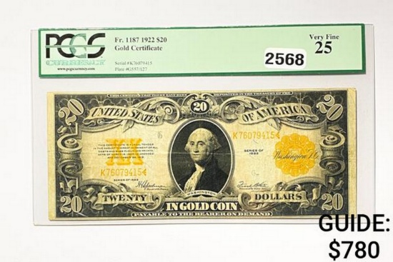 1922 $20 United States Gold Certificate PCGS 25 VF
