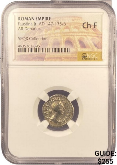 Roman Faustina Jr., AD 147-175/6 Silver Denarius NGC Ch F