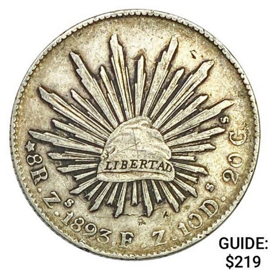 1893 Zs FZ Mexico Silver 8 Reales Cap&Ray NEARLY UNCIRCULATED