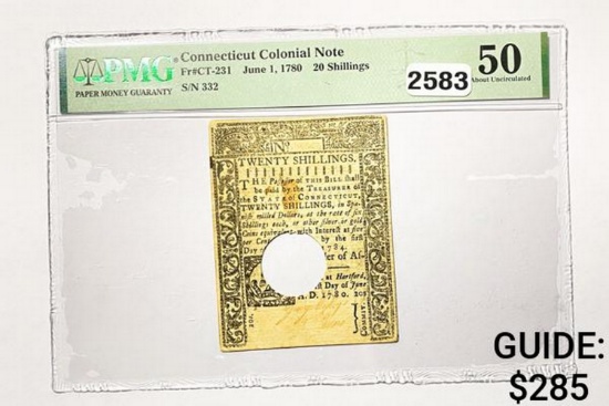 June, 1 1780 20 Shillings CT Col. Note PMG 50 UNC