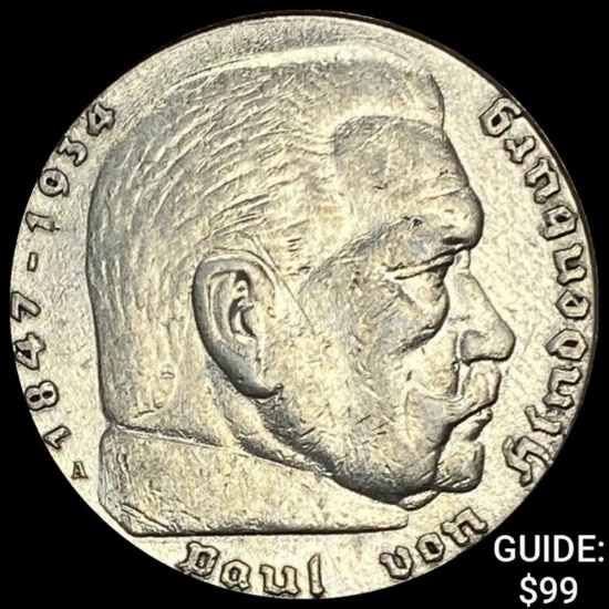 1936-A Germany Silver 5 Reichsmark CLOSELY UNCIRCULATED