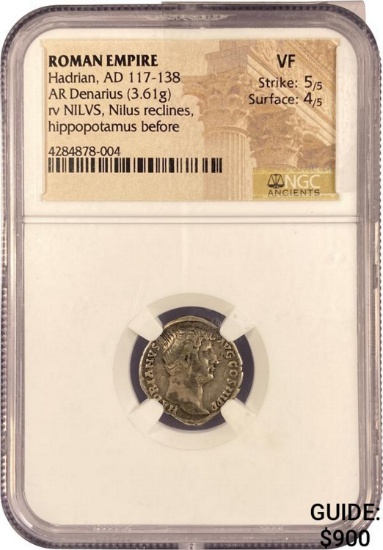 Roman Hadrian, AD 117-138 Denarius Nilus Reclines  VF