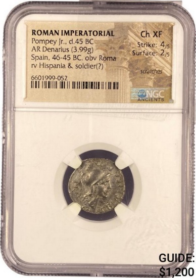Roman Pompey Jr, BC 46-45 SIlver Denarius NGC