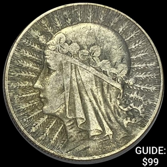 1933 Poland Silver 5 Zietyeh ABOUT UNCIRCULATED