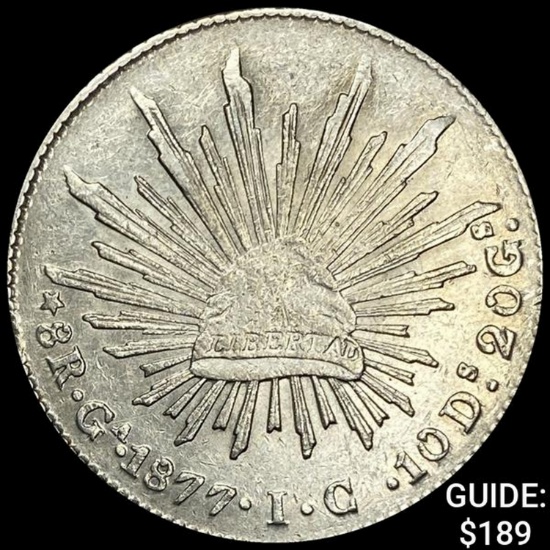 1877 Mexico Silver GaIC  8 Reales Cap & Rays NEARLY UNCIRCULATED