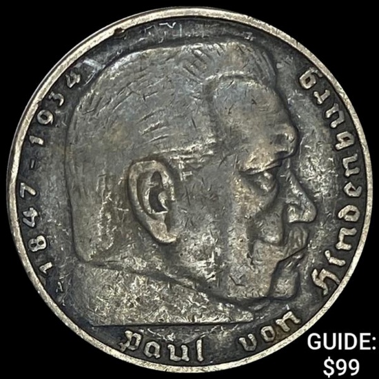1938-A German Silver 5 Reichsmark NEARLY UNCIRCULATED