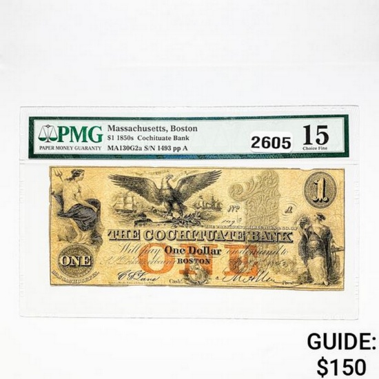 1850s $1 Cochituate Bank Note, Boston, MA PMG 15 F