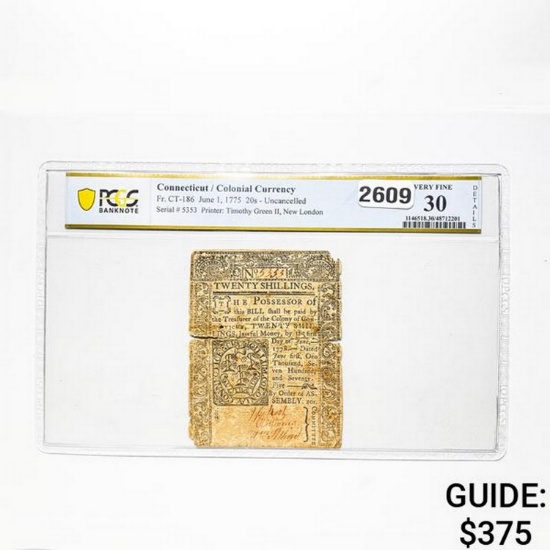 June 1, 1775 20 S CT Colonial Currency PCGS 30 VF