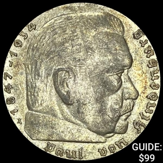1936-A German Silver 5 Riechsmark CHOICE AU