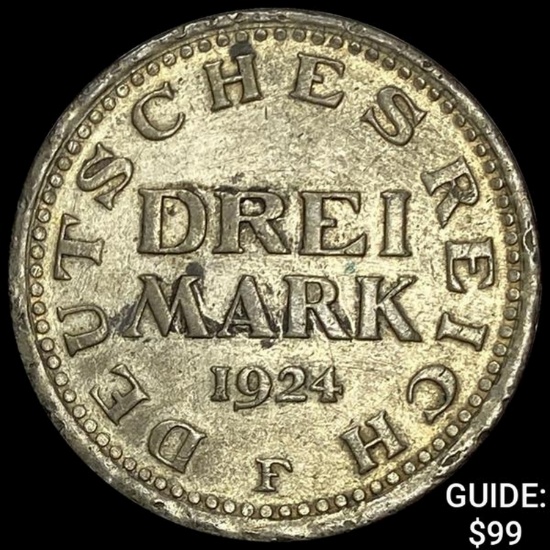 1924 Germany Silver 3 Reichsmark NEARLY UNCIRCULATED