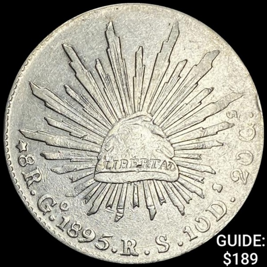 1895Go RS Mexico Silver 8 Reales Cap&Rays NEARLY UNCIRCULATED