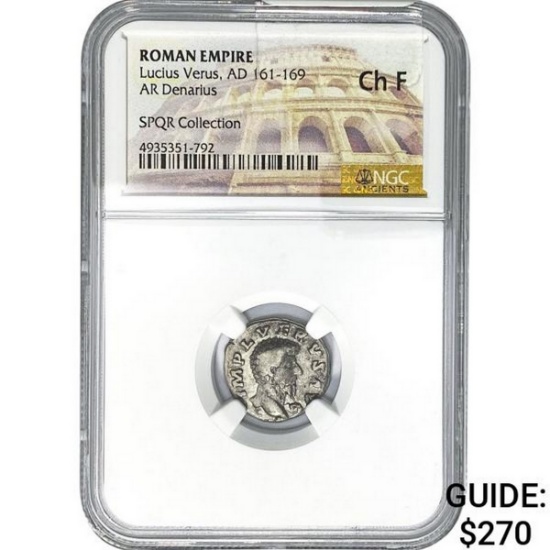 Roman Lucius Verus, AD 161-169 Silver Denarius NGC Ch F