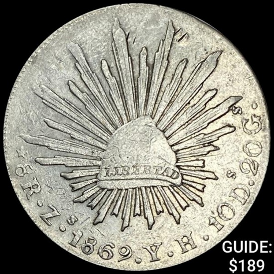 1869Zs YH Mexico Silver 8 Reales Cap&Rays NEARLY UNCIRCULATED