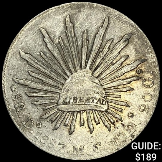 1887Do MG Mexico Silver 8 Reales Cap&Rays NEARLY UNCIRCULATED
