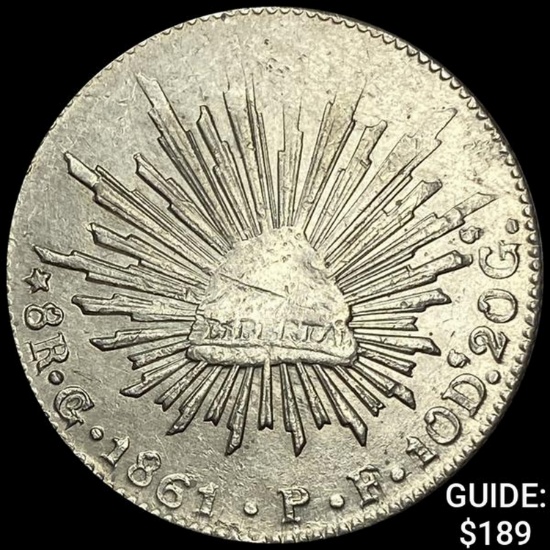 1861Go PF Mexico Silver 8 Reales Cap&Rays CLOSELY UNCIRCULATED
