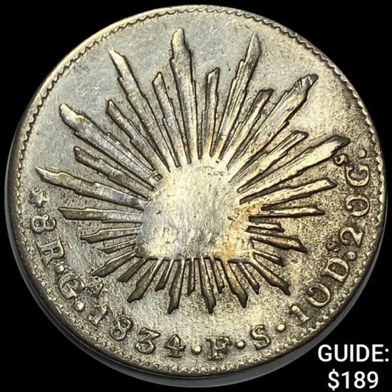 1834GA FS Mexico Silver 8 Reales Cap&Rays NEARLY UNCIRCULATED