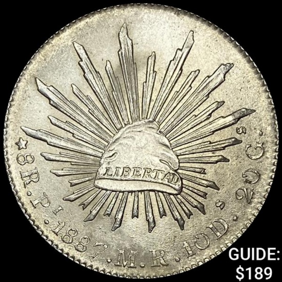 1887Pi MR Mexico Silver 8 Reales Cap&Rays CHOICE AU