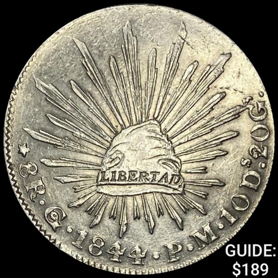 1844Go PM Mexico Silver 8 Reales Cap&Rays UNCIRCULATED