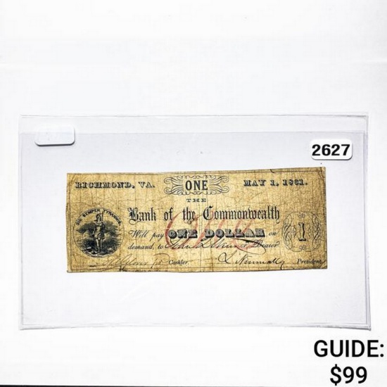 1861 $1 Bank of the Commonwealth Note-VA 4