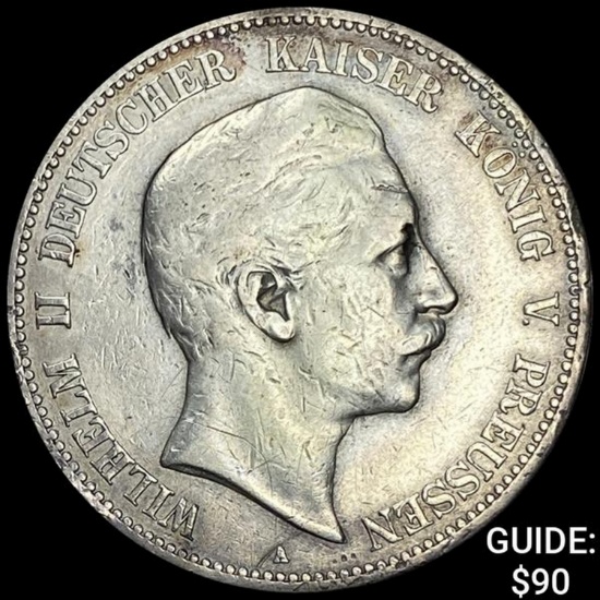 1902-F Germany Silver 5 Reichsmark NEARLY UNCIRCULATED