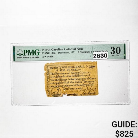 Dec.1771 2 Shillings, 6 Pence NC Colonial Note PMG 30 VF