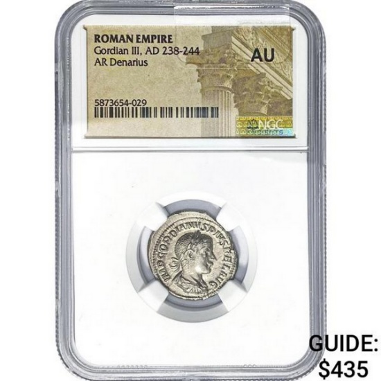 Roman Gordian III, AD 238-244 Silver Denarius NGC AU