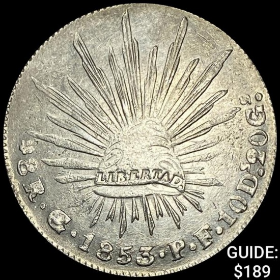 1853Go PF Mexico Silver 8 Reales Cap&Rays NEARLY UNCIRCULATED