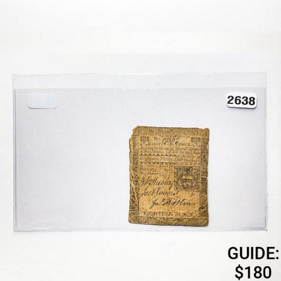 April 3, 1772 18 Pence Pennsylvania Colonial Note 4