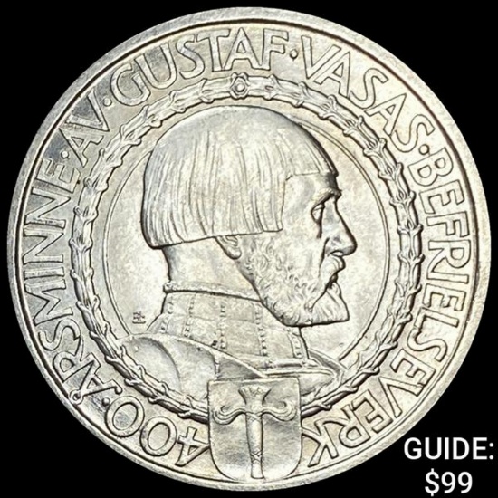 1921 Sweden Gustfa V Silver 2 Kronor UNCIRCULATED