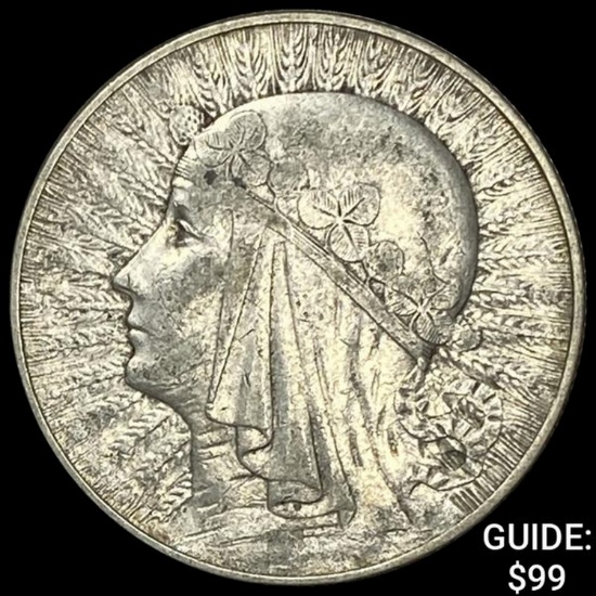1933 Poland Silver 5 Zlotych ABOUT UNCIRCULATED