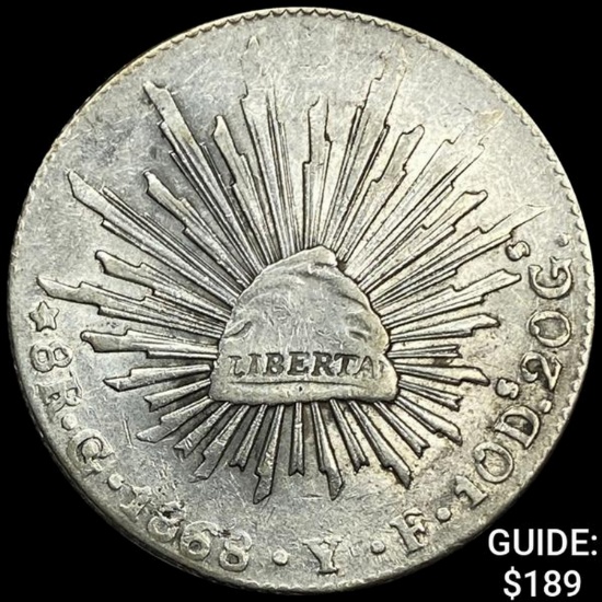 1868Go YF Mexico Silver 8 Reales Cap&Rays CLOSELY UNCIRCULATED