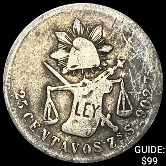 1886Zs S Mexico Silver 25 Centavos Balanza ABOUT UNCIRCULATED