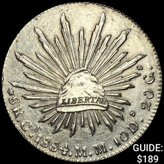 1884 Ca mm Mexico Silver 8 Reales Cap&Rays CHOICE AU