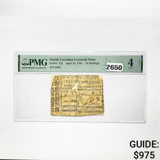 April 23, 1761 10 Shillings North Carolina Colonial Note PMG 4 G