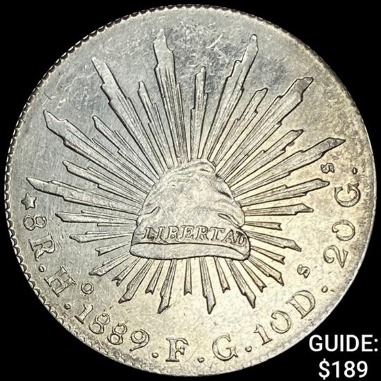 1889Ho FG Mexico Silver 8 Reales Cap&Rays CHOICE AU