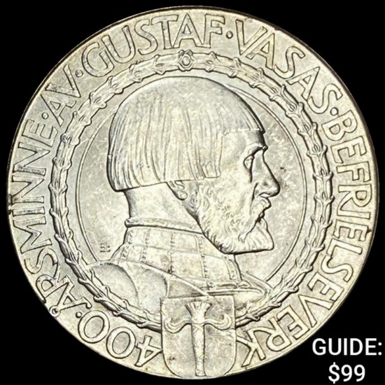 1921 Sweden Gustfa V Silver 2 Kronor UNCIRCULATED