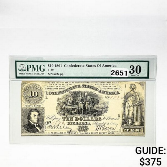 1861 $10 Confed. States of America Note PMG 30 VF