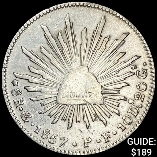 1857Go PF Mexico Silver 8 Reales Cap&Rays ABOUT UNCIRCULATED