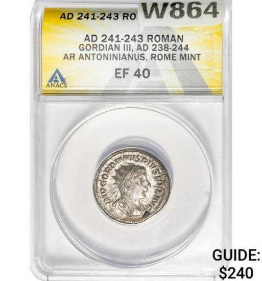 Roman Gordian III, AD 238-244 Silver Antoninianus ANACS EF40