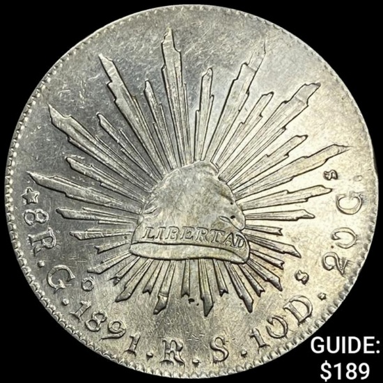 1891Go RS Mexico Silver 8 Reales Cap&Rays CHOICE AU