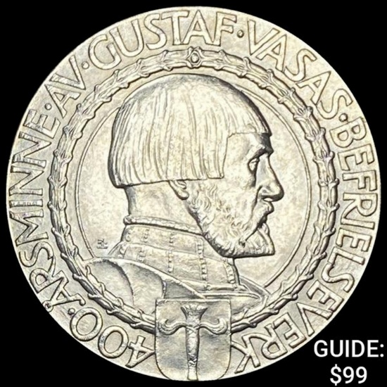 1921 Sweden Gustfa V Silver 2 Kronor UNCIRCULATED